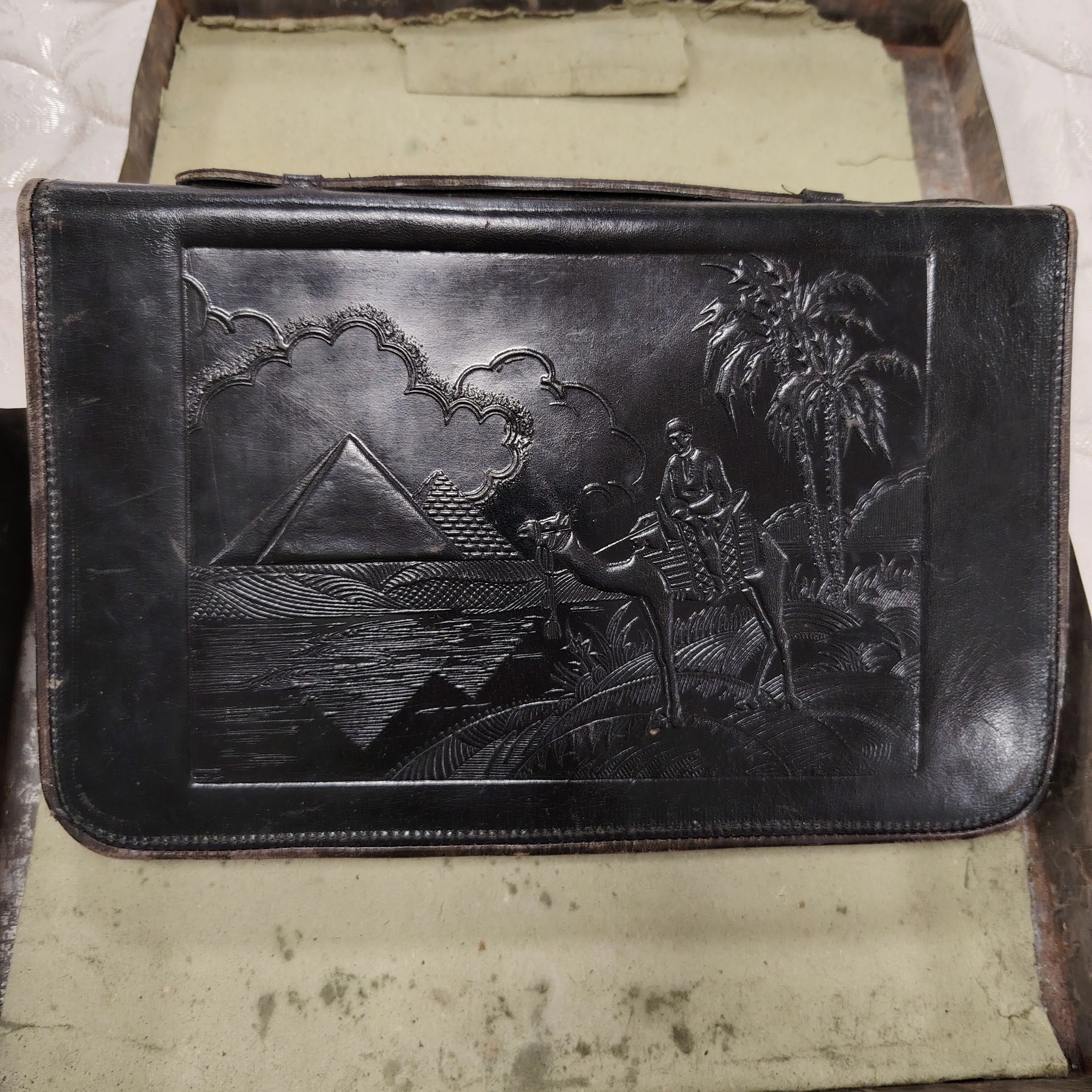 Rare Antique Tooled Carved Leather Egyptian Bag Wallet - Image 11