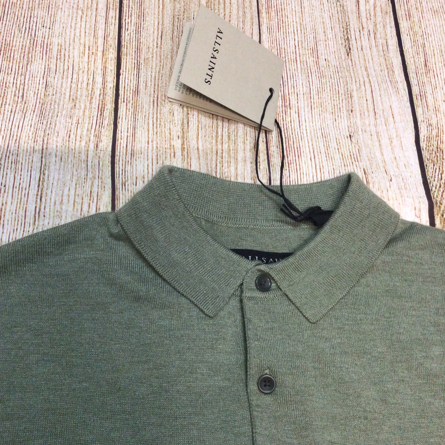 BNWT AllSaints Green Marl Nomo Short Sleeve Polo Knit Top Size XS (hole in shoulder) - Image 3