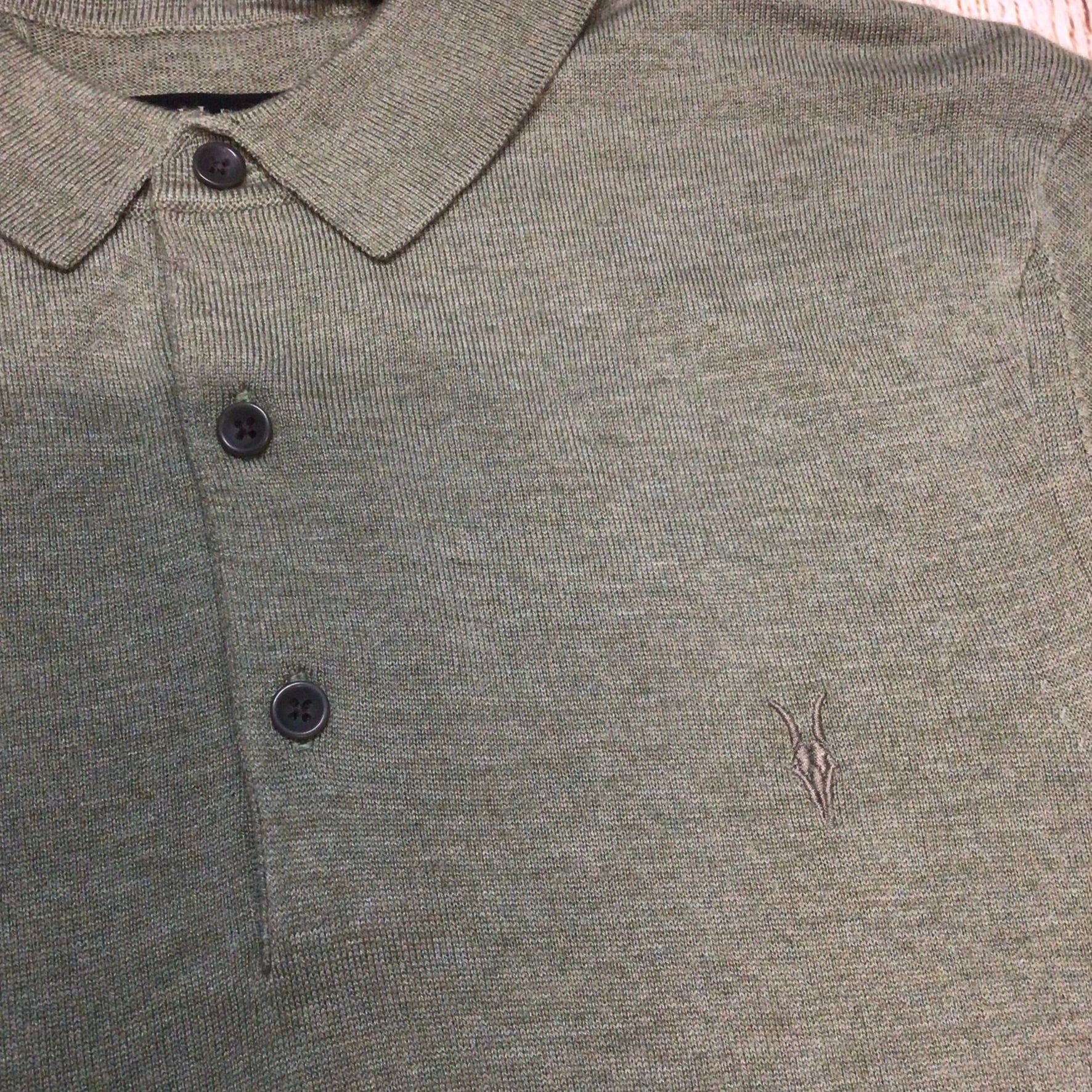 BNWT AllSaints Green Marl Nomo Short Sleeve Polo Knit Top Size XS (hole in shoulder) - Image 4