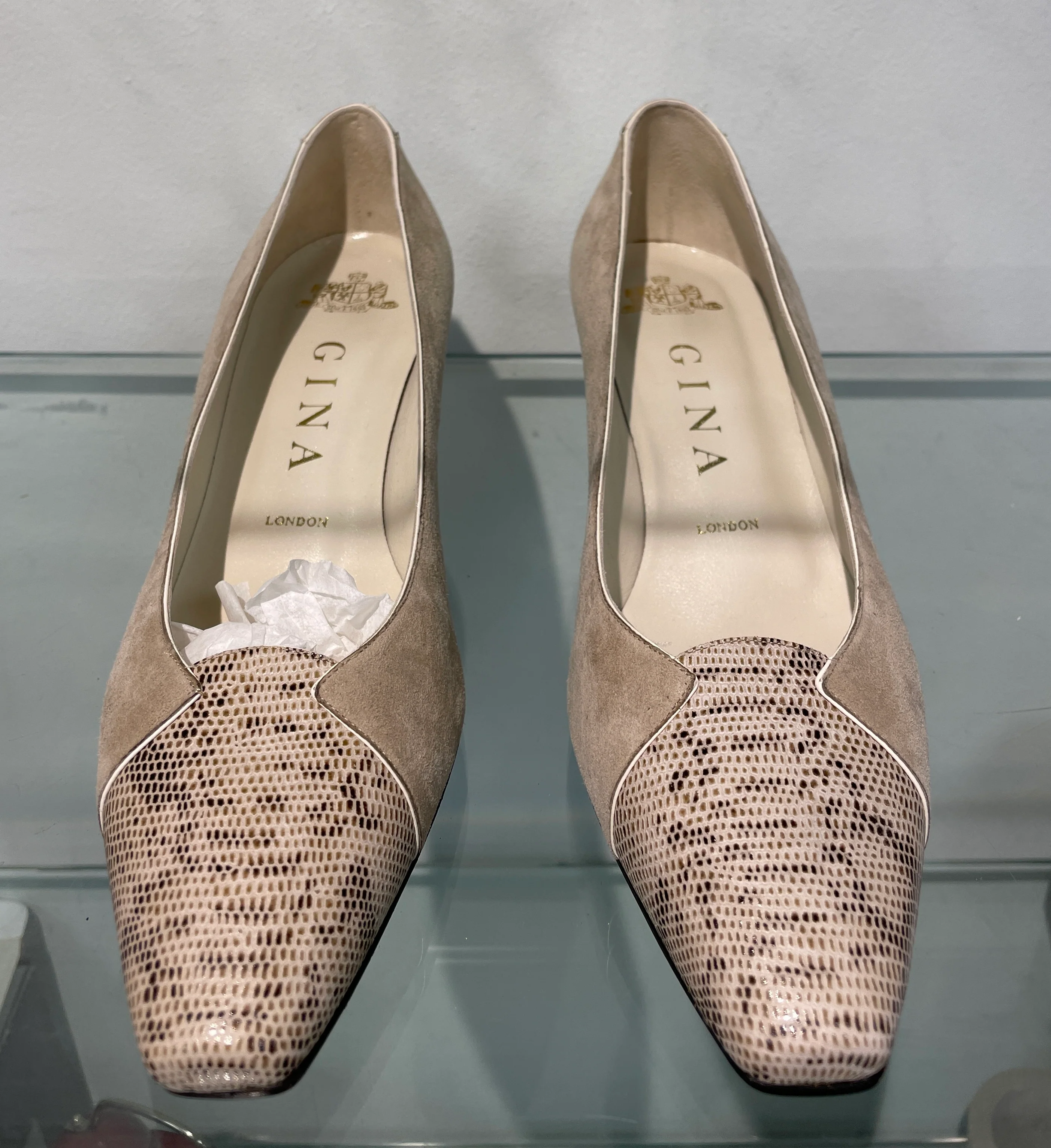 Gina New in Box Beige Suede & Animal Effect Leather Block Heel Court Shoes UK 4.5 - Image 3