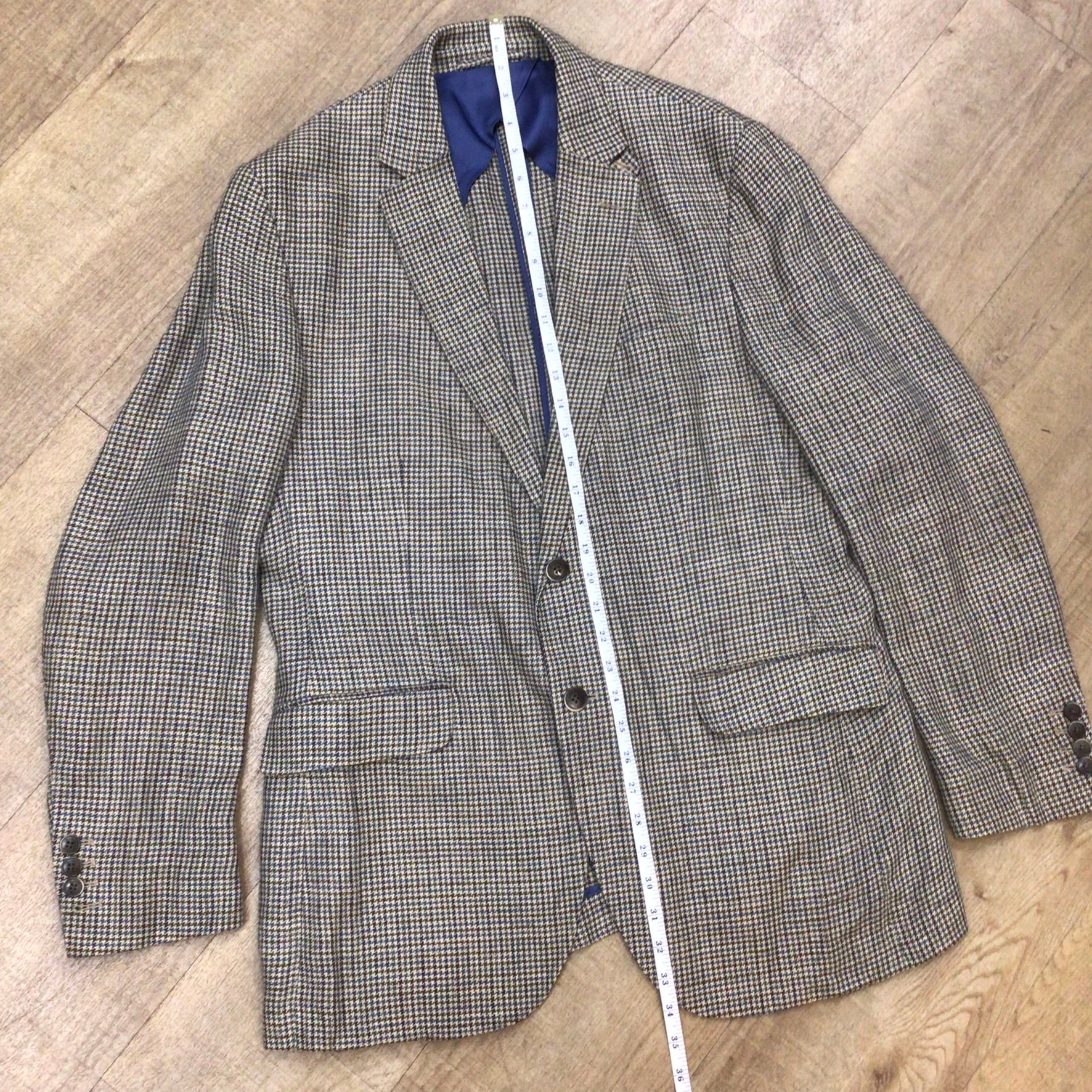 Hackett Robert Noble Beige Blue Multi Dogtooth Print Silk & Linen Blazer Jacket Size 44R - Image 11
