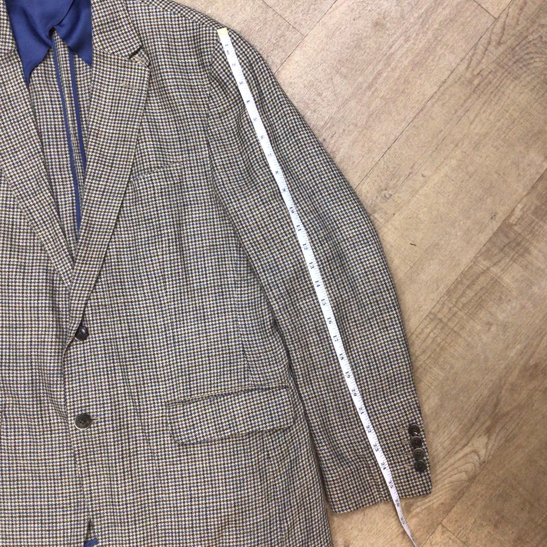 Hackett Robert Noble Beige Blue Multi Dogtooth Print Silk & Linen Blazer Jacket Size 44R - Image 12