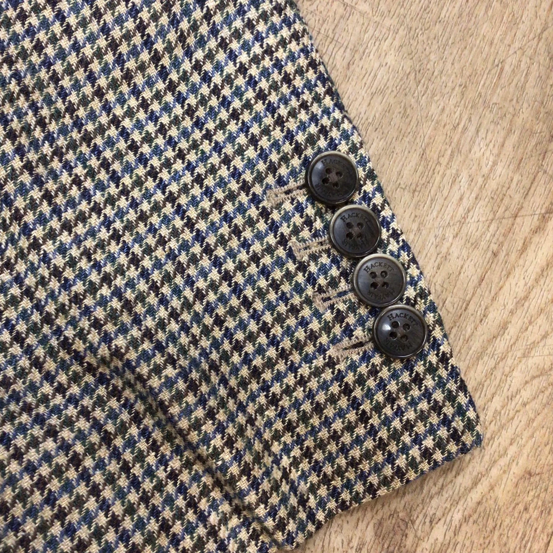 Hackett Robert Noble Beige Blue Multi Dogtooth Print Silk & Linen Blazer Jacket Size 44R - Image 3