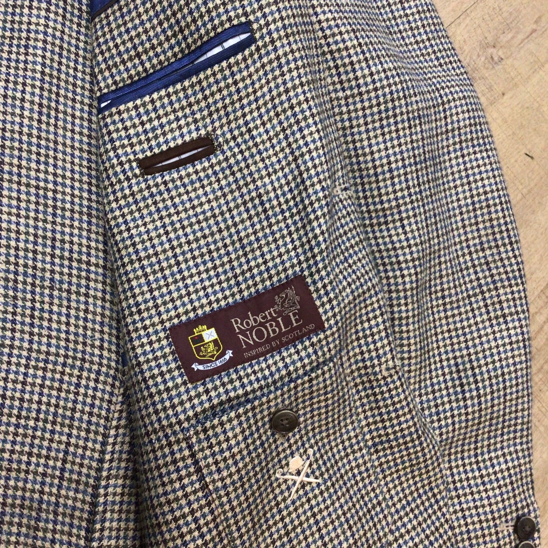 Hackett Robert Noble Beige Blue Multi Dogtooth Print Silk & Linen Blazer Jacket Size 44R - Image 5