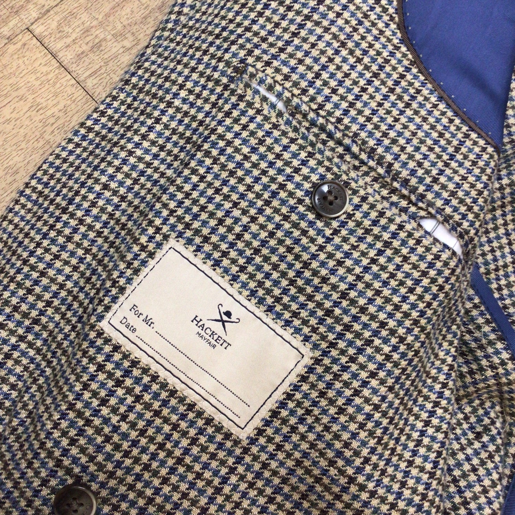 Hackett Robert Noble Beige Blue Multi Dogtooth Print Silk & Linen Blazer Jacket Size 44R - Image 6