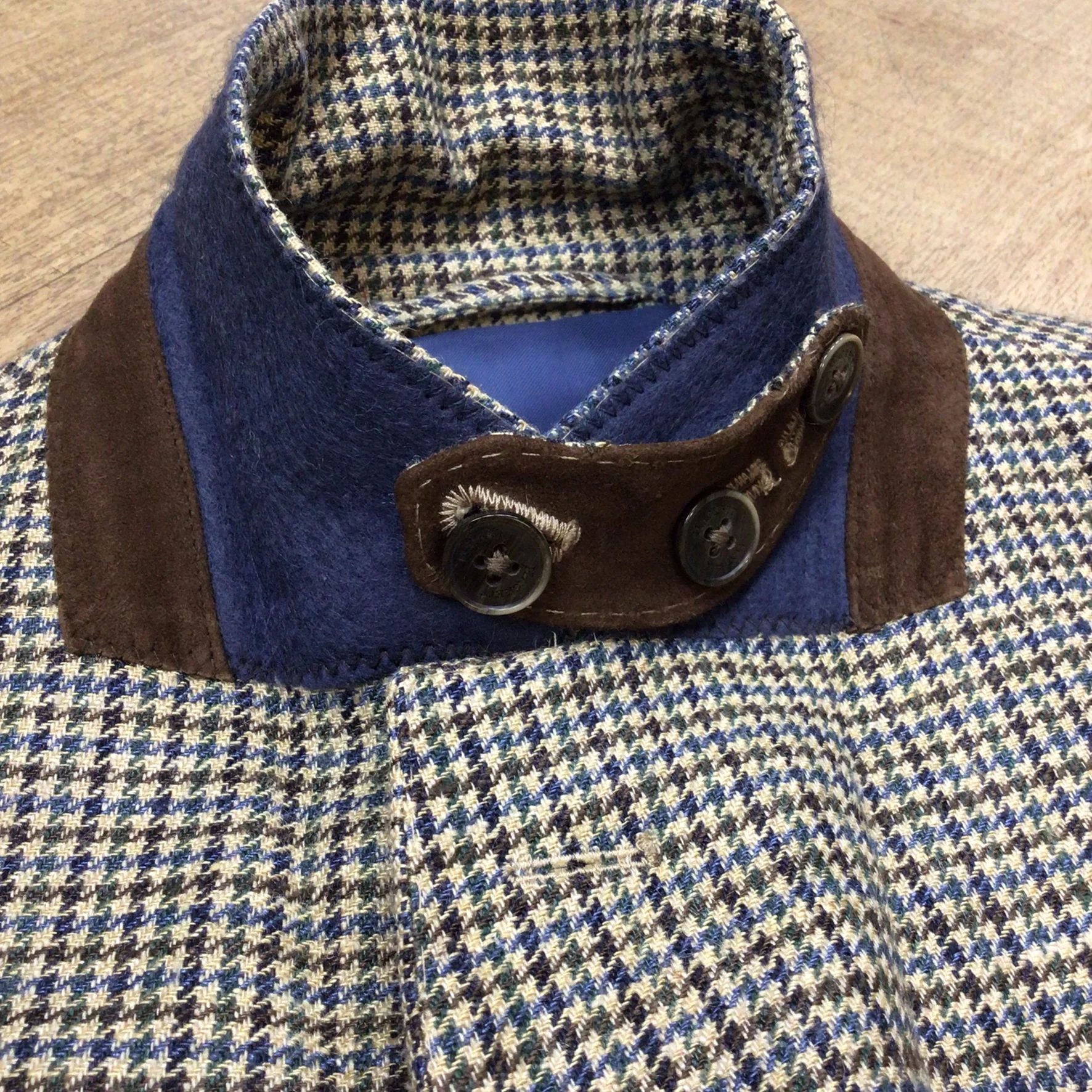 Hackett Robert Noble Beige Blue Multi Dogtooth Print Silk & Linen Blazer Jacket Size 44R - Image 9