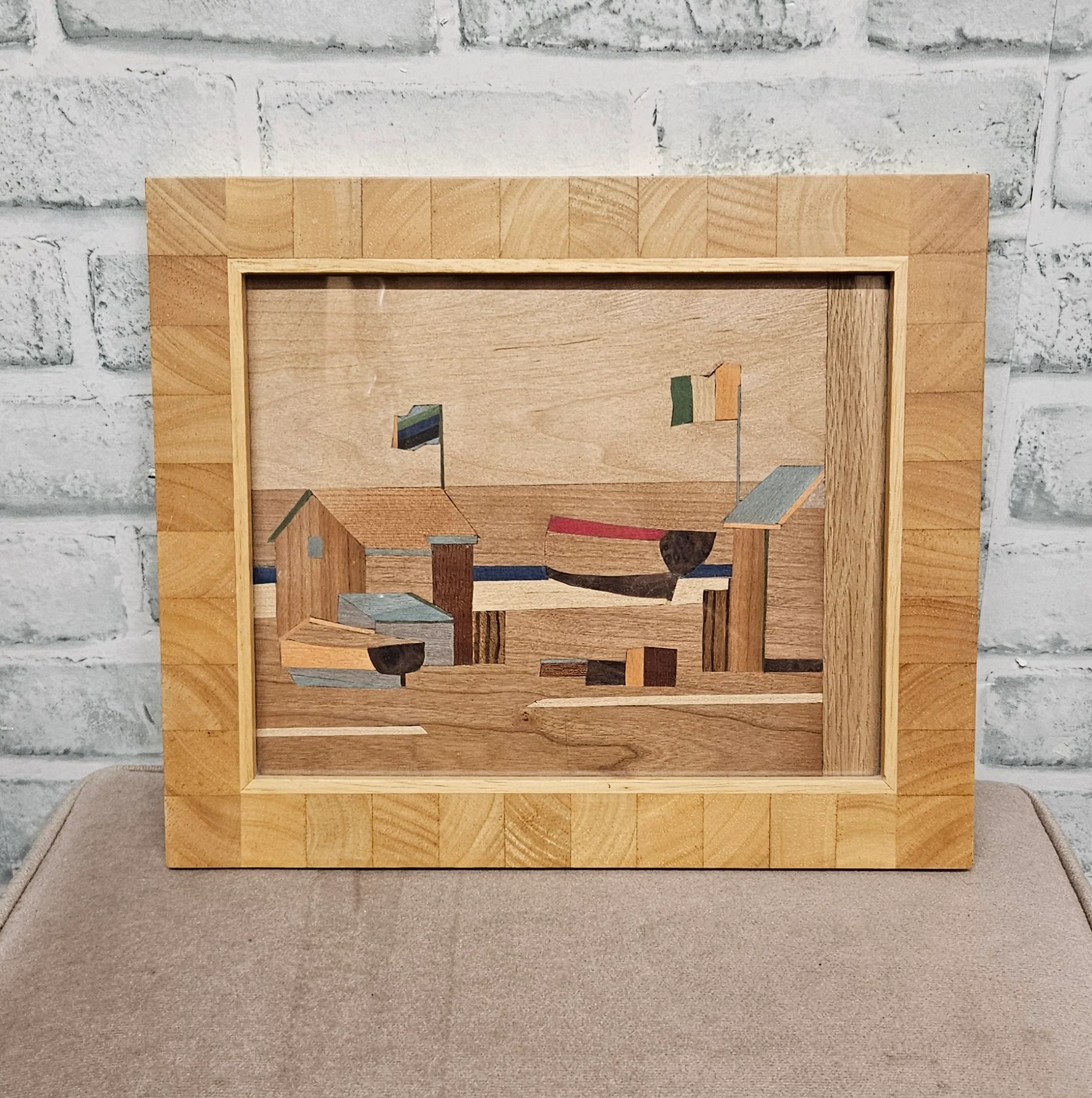 'Huts, Boats, Irish Flag' Original Marquetry Picture By Colin Miles February 2026