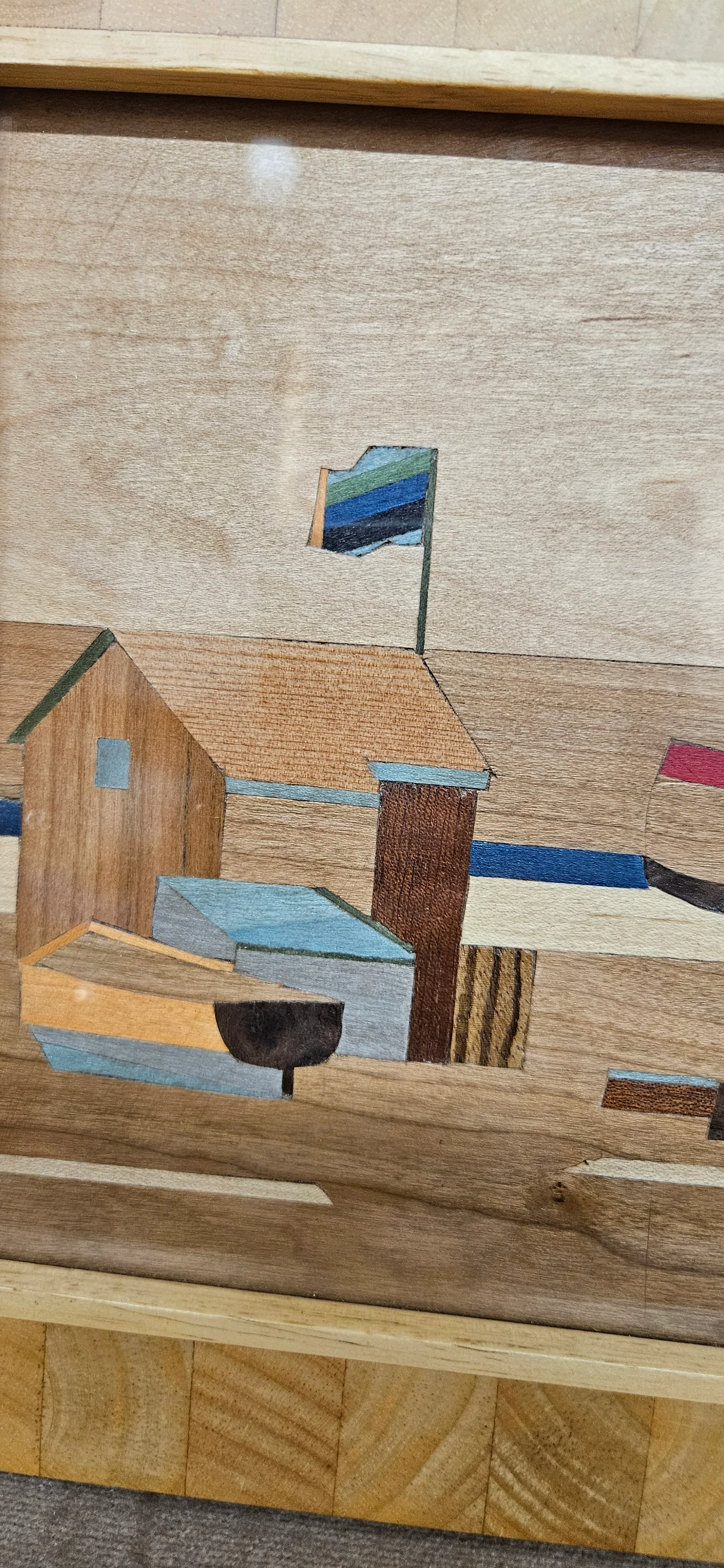 'Huts, Boats, Irish Flag' Original Marquetry Picture By Colin Miles February 2026 - Image 2