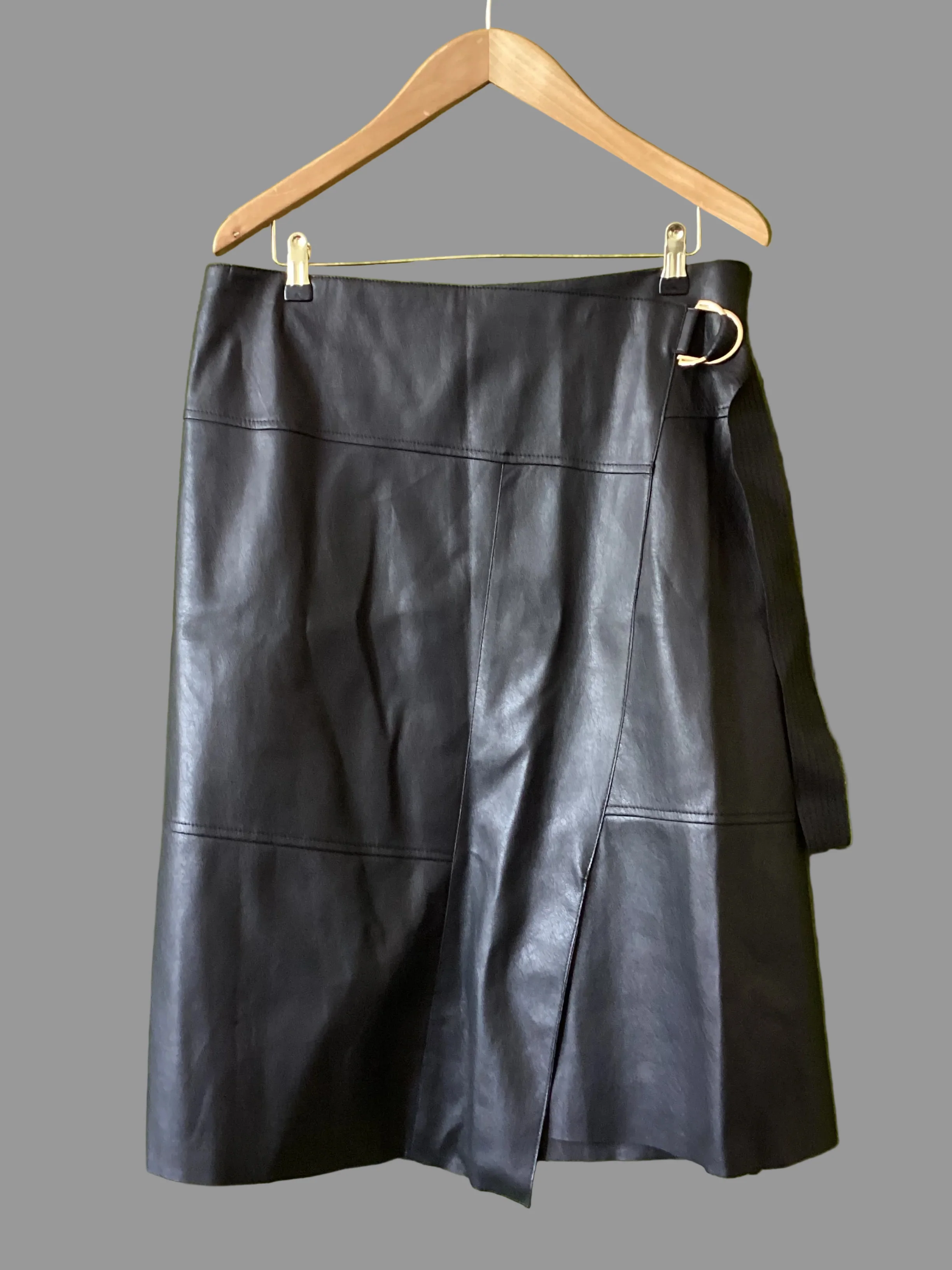 Karen Millen Black Side Belted Faux Leather Skirt Size 16