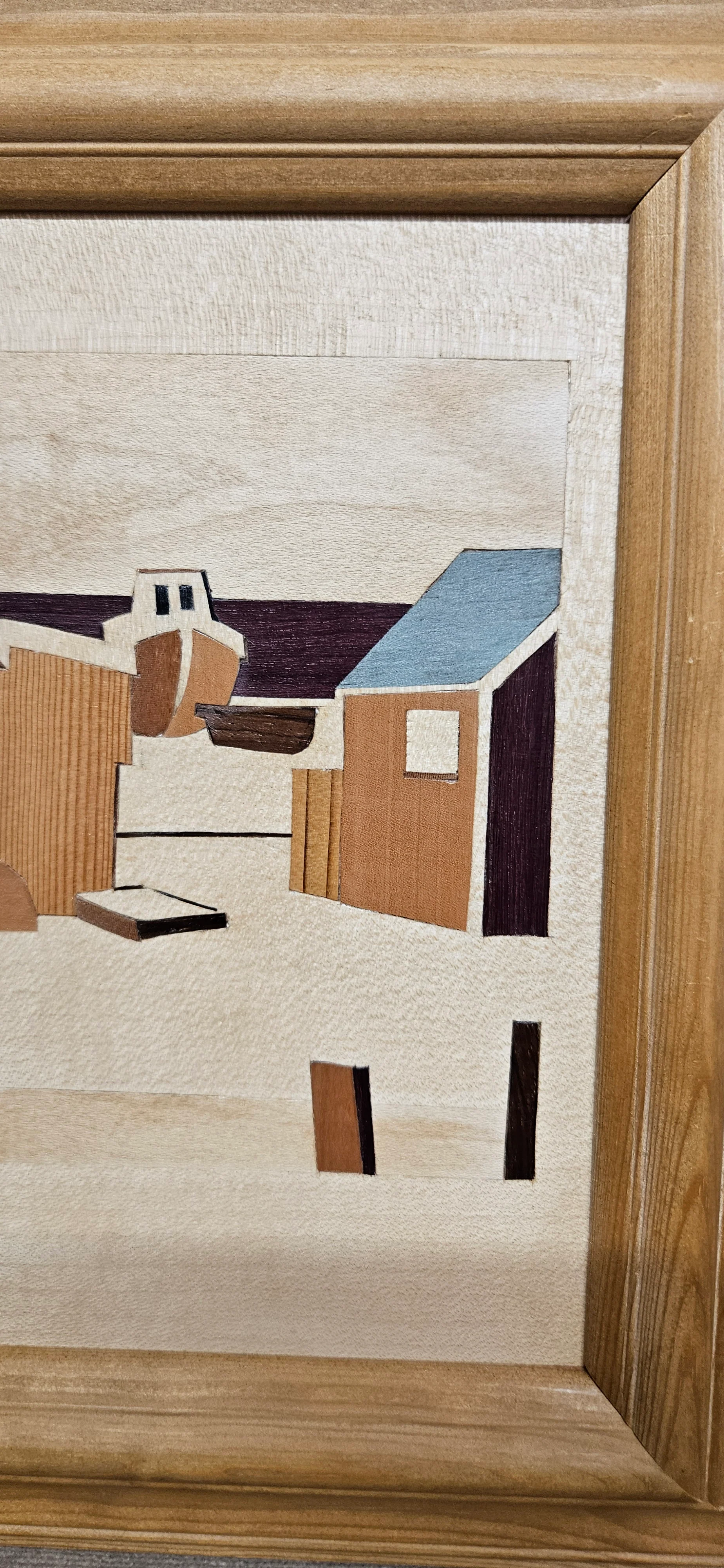 Marquetry Framed Striped Hut Deal June 2013 Wood Picture - Image 2