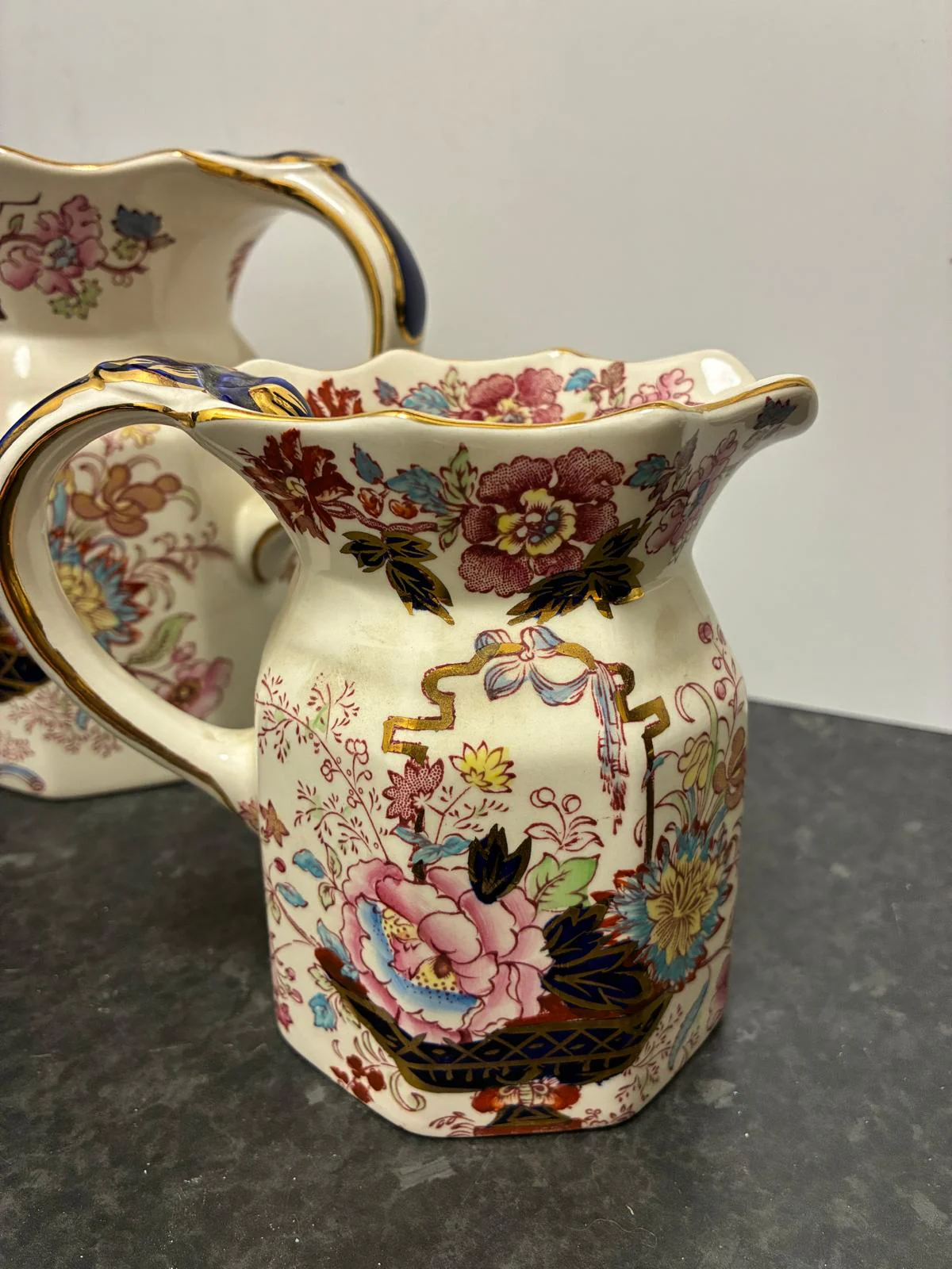 Pair Mason's Ironstone Brocade Vintage Pitchers - Image 3