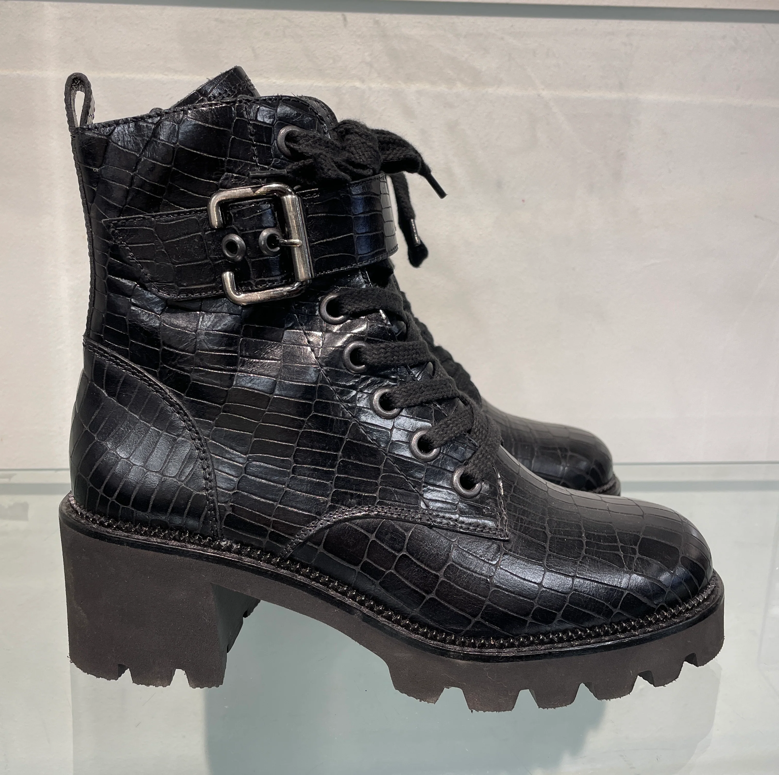 pg Paul Green New Croc Effect Black Leather Biker Style Block Heel Boots UK 4.5 - Image 2