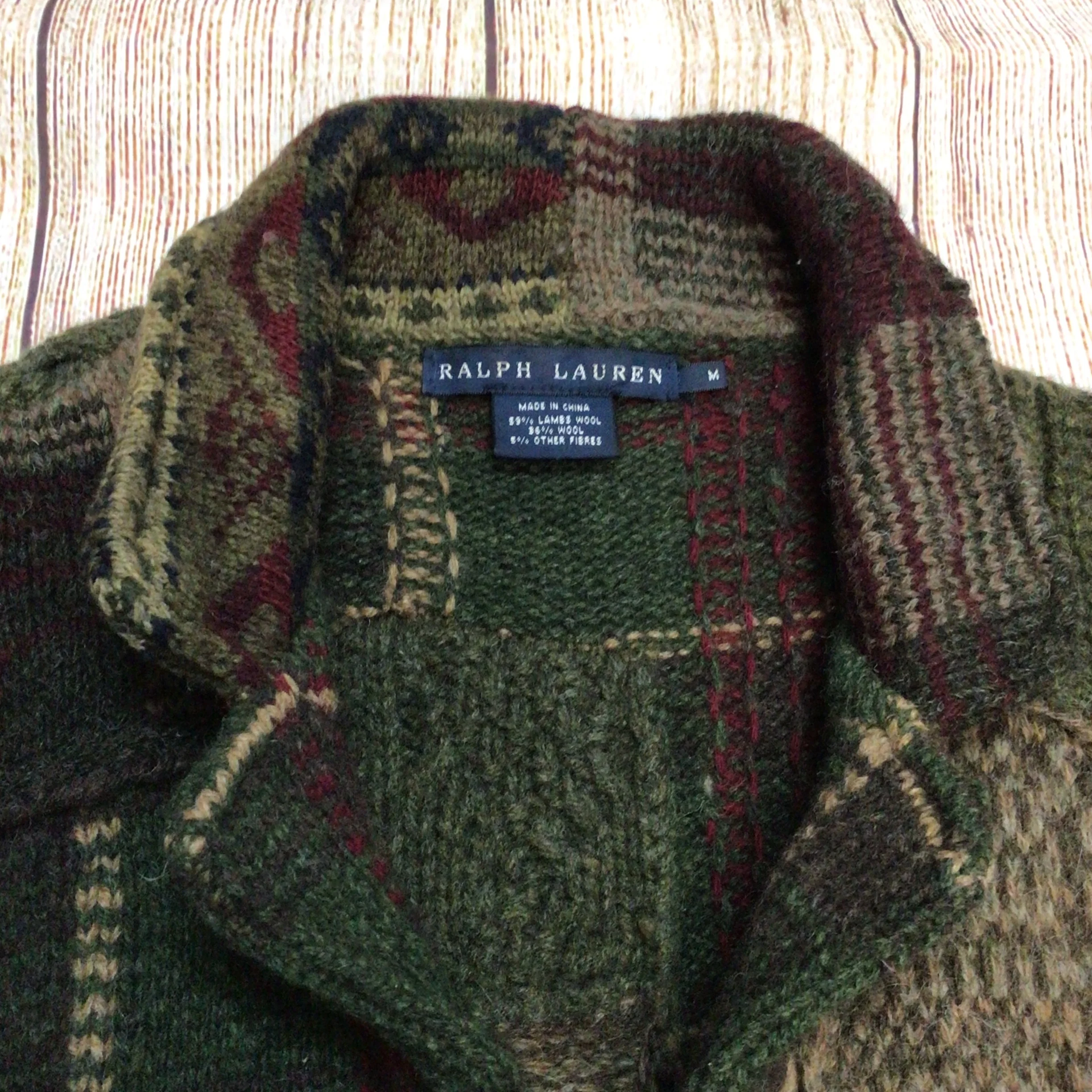 Ralph Lauren Green Brown Patchwork Lambswool Blend Cardigan Size M - Image 3