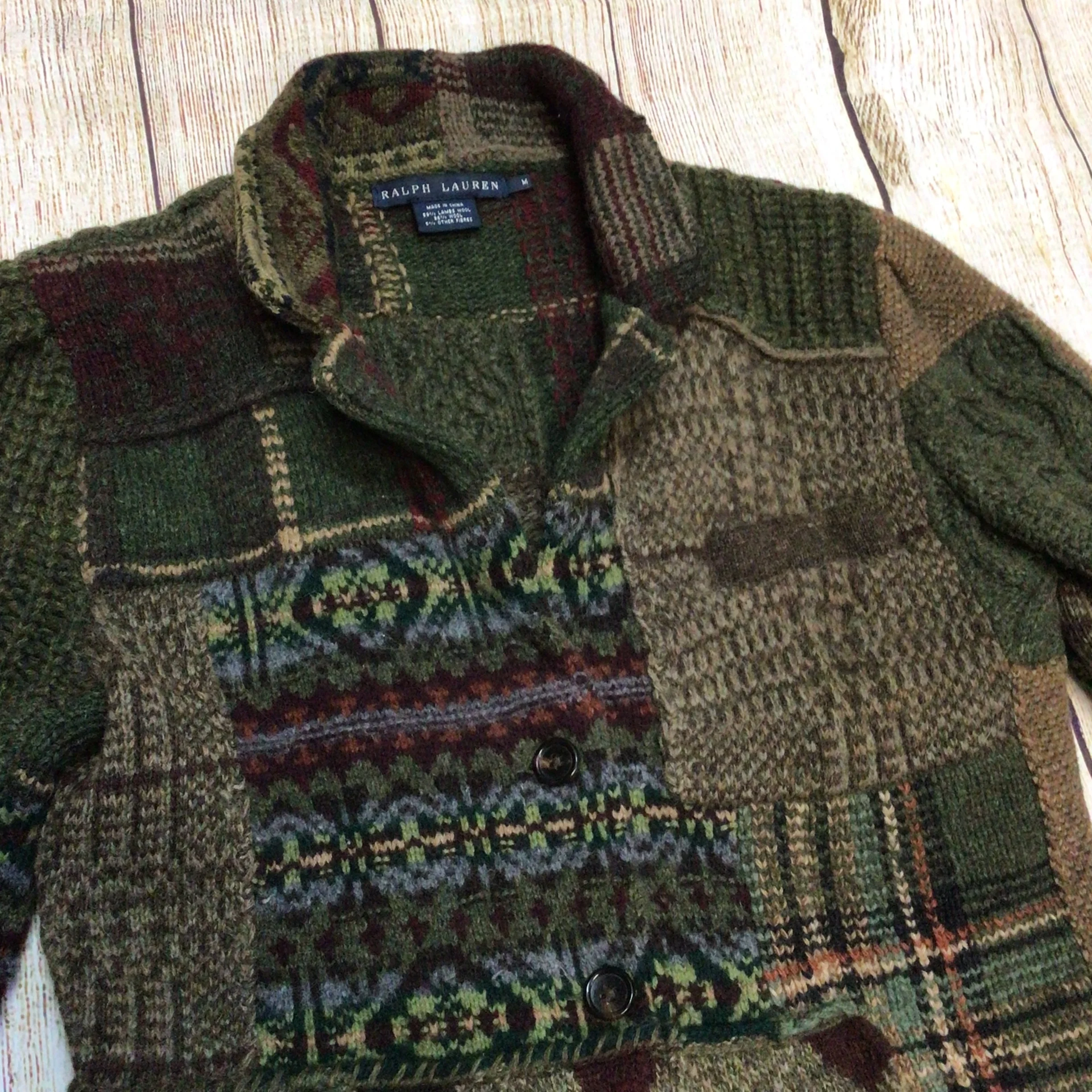 Ralph Lauren Green Brown Patchwork Lambswool Blend Cardigan Size M - Image 4