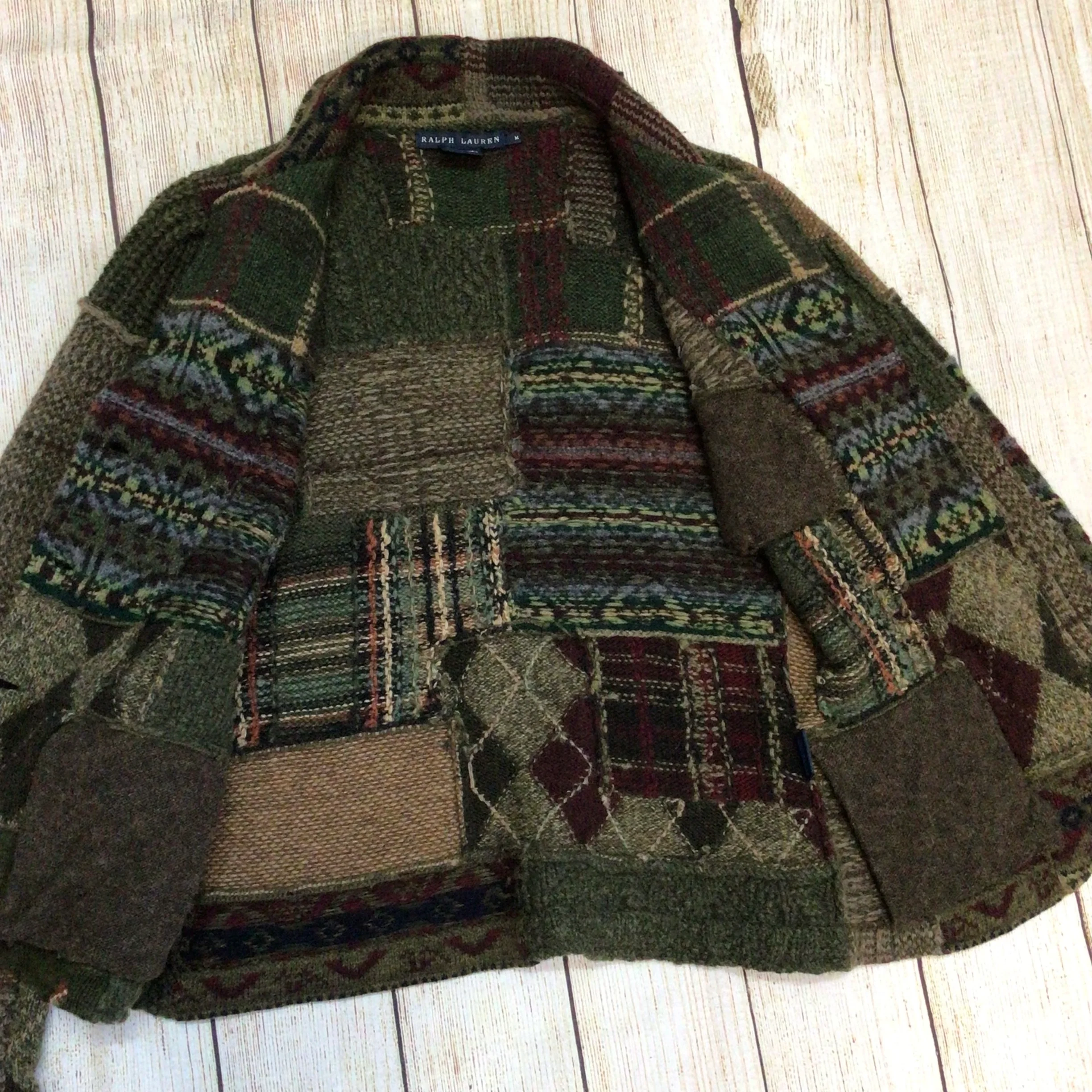 Ralph Lauren Green Brown Patchwork Lambswool Blend Cardigan Size M - Image 6