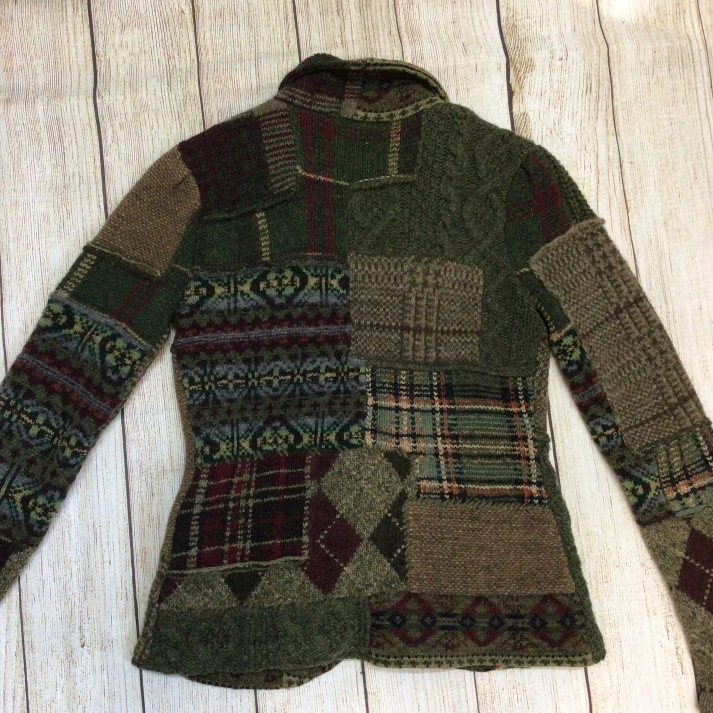 Ralph Lauren Green Brown Patchwork Lambswool Blend Cardigan Size M - Image 7