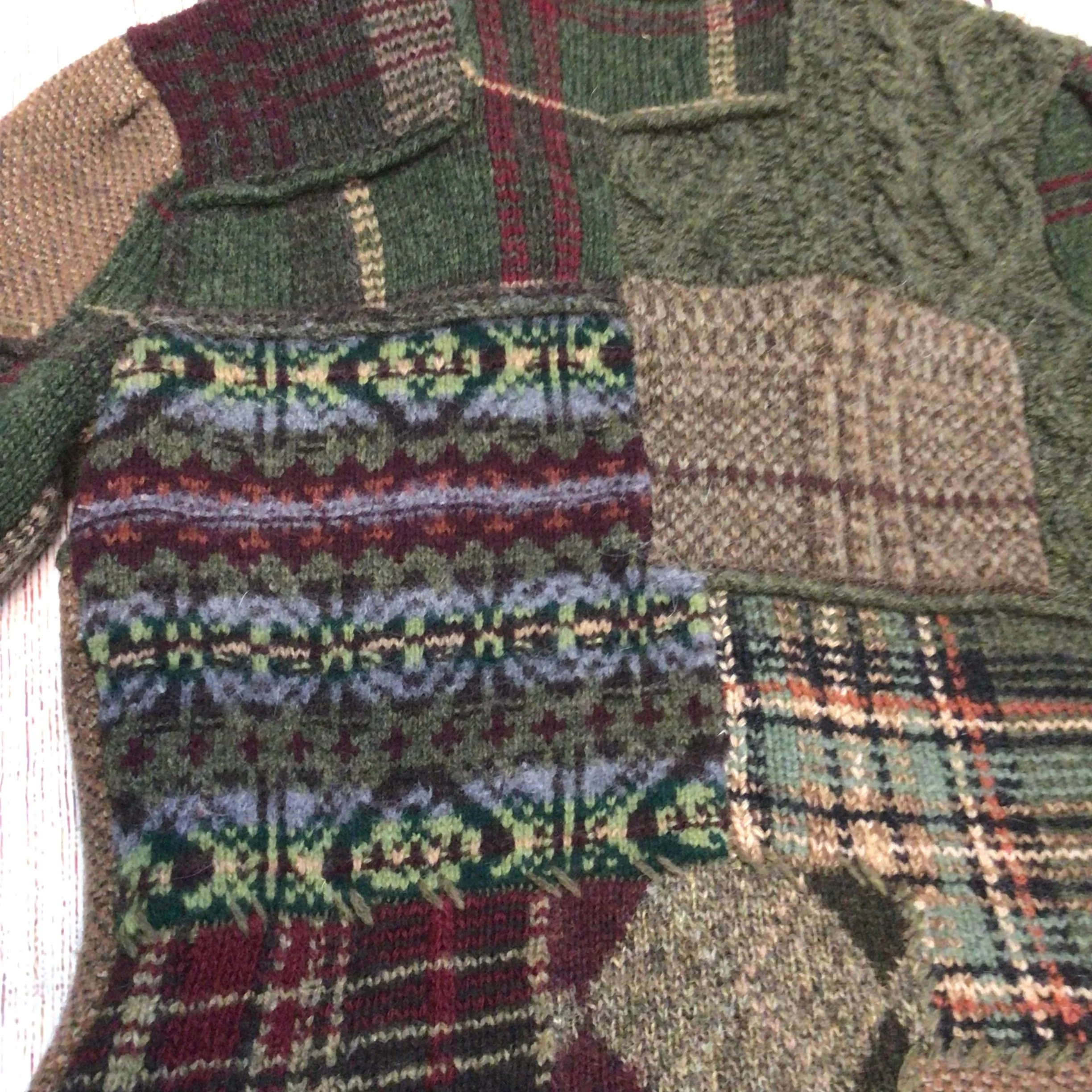 Ralph Lauren Green Brown Patchwork Lambswool Blend Cardigan Size M - Image 8
