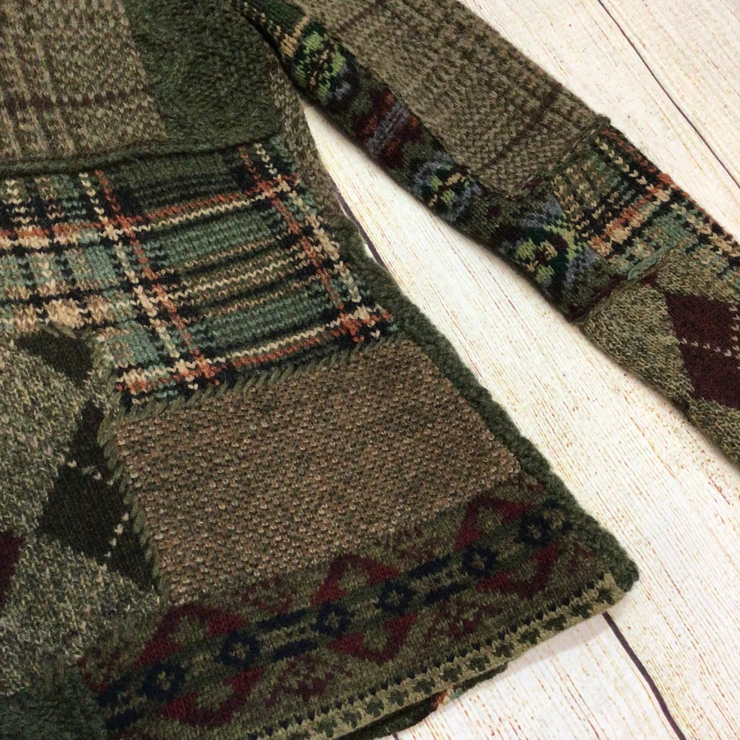 Ralph Lauren Green Brown Patchwork Lambswool Blend Cardigan Size M - Image 9