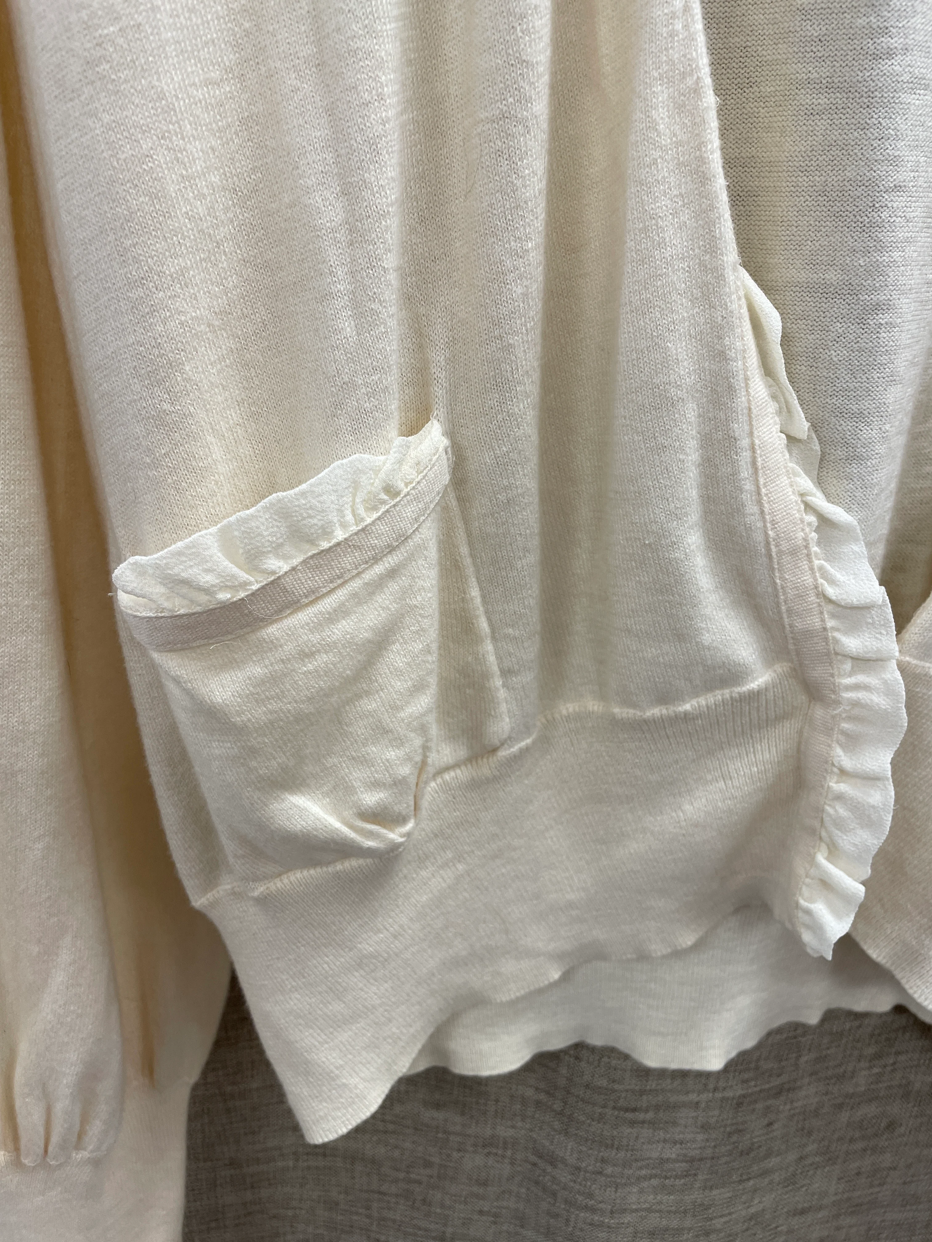 Reiss Cream Ruffle Pocket Detail Cotton Cashmere Long Sleeve Cardigan Large - Image 2