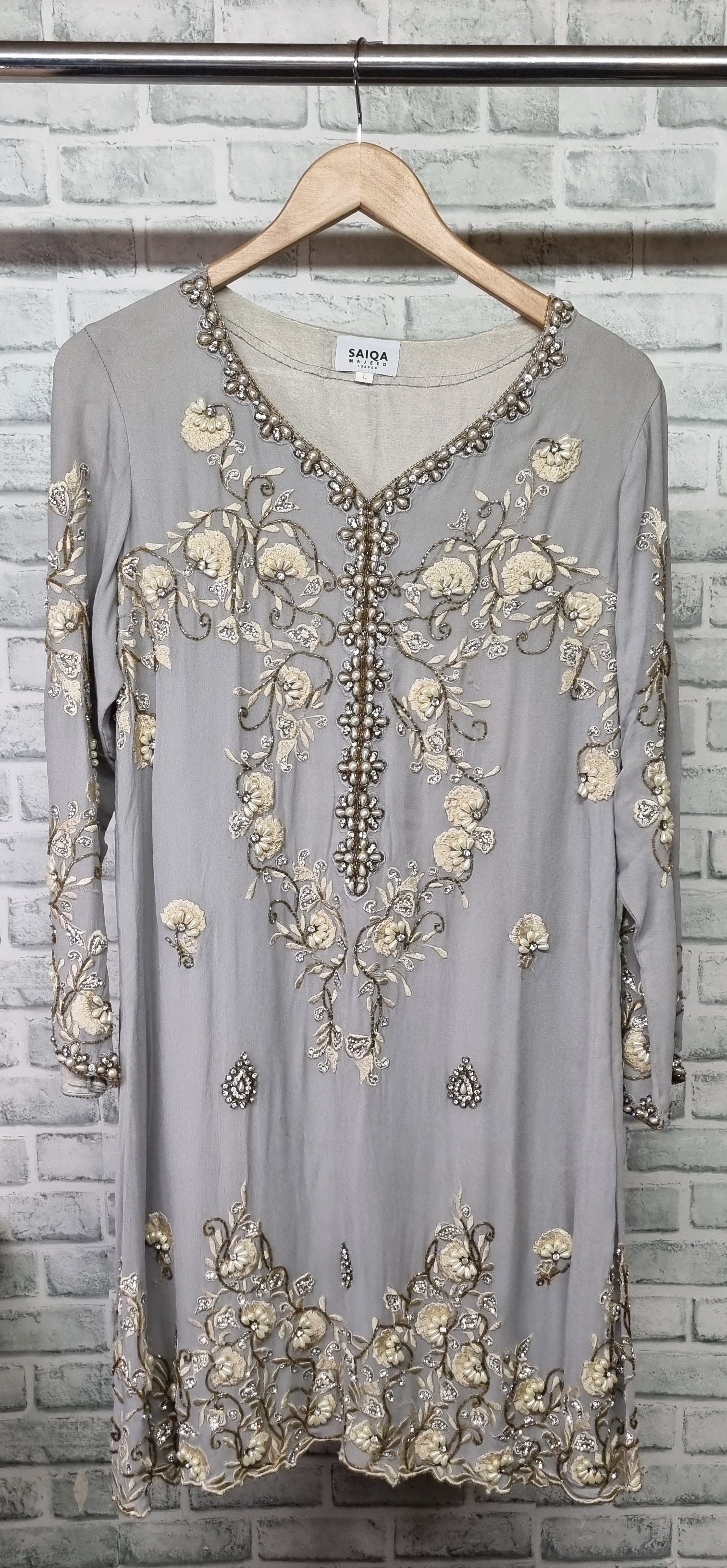 SAIQA MAJEED Grey Embroidered Dress Size Large - Image 5