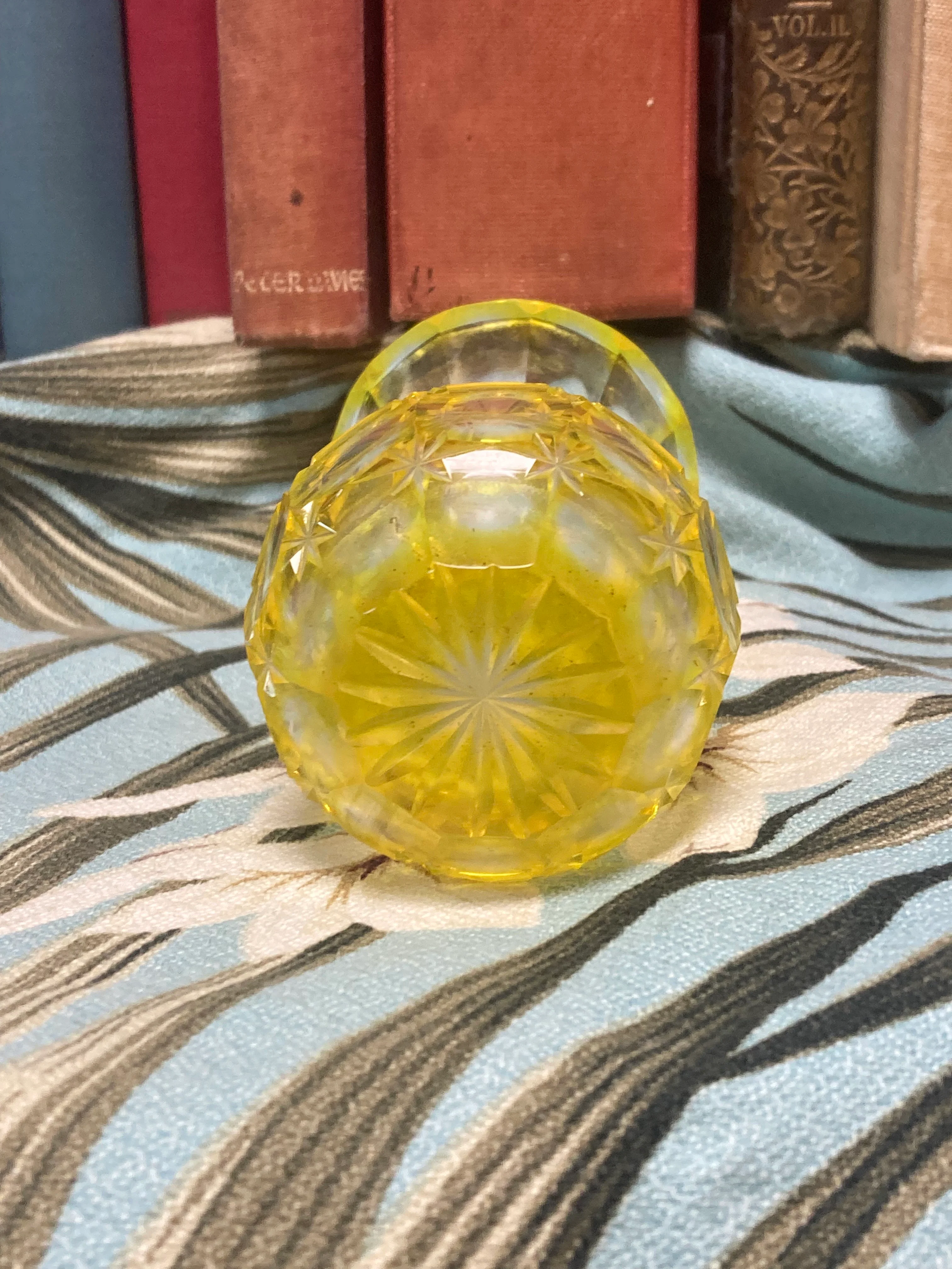 Shimadzu Yellow Satsuma Kiriko Cut Glass Sake Bottle 4" - Image 3