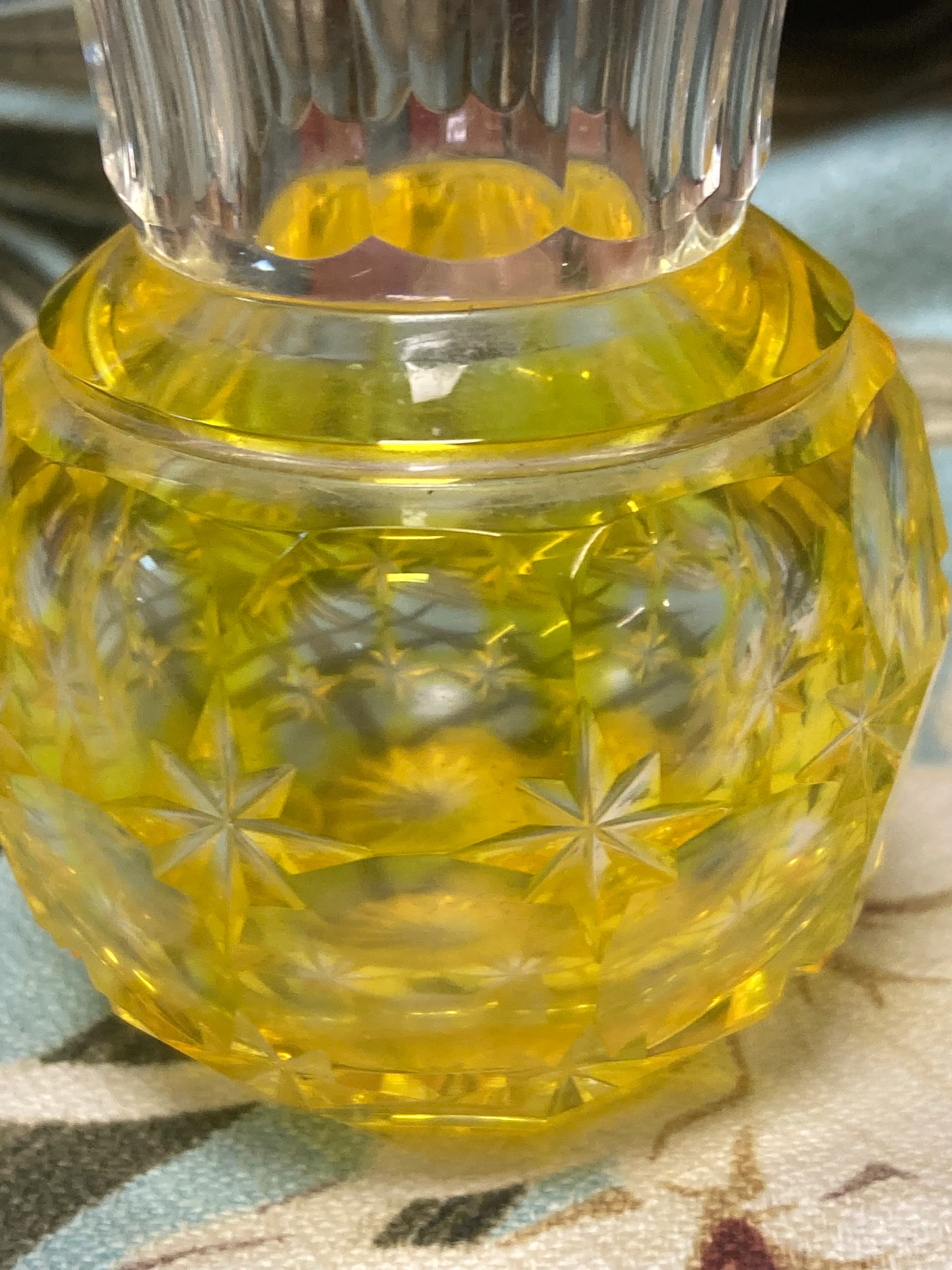 Shimadzu Yellow Satsuma Kiriko Cut Glass Sake Bottle 4" - Image 6