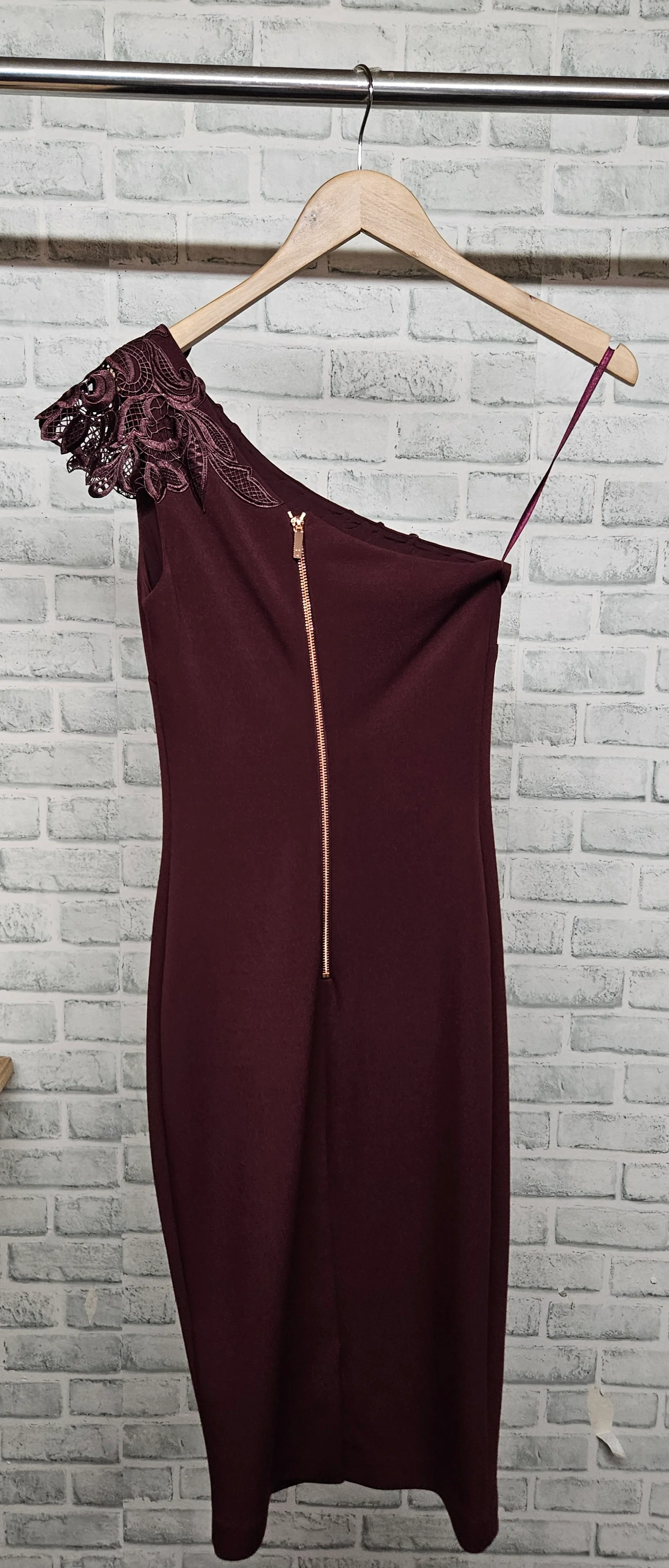 Ted Baker One Shoulder Lace Trim Burgundy Bodycon Dress Size 0 - Image 4