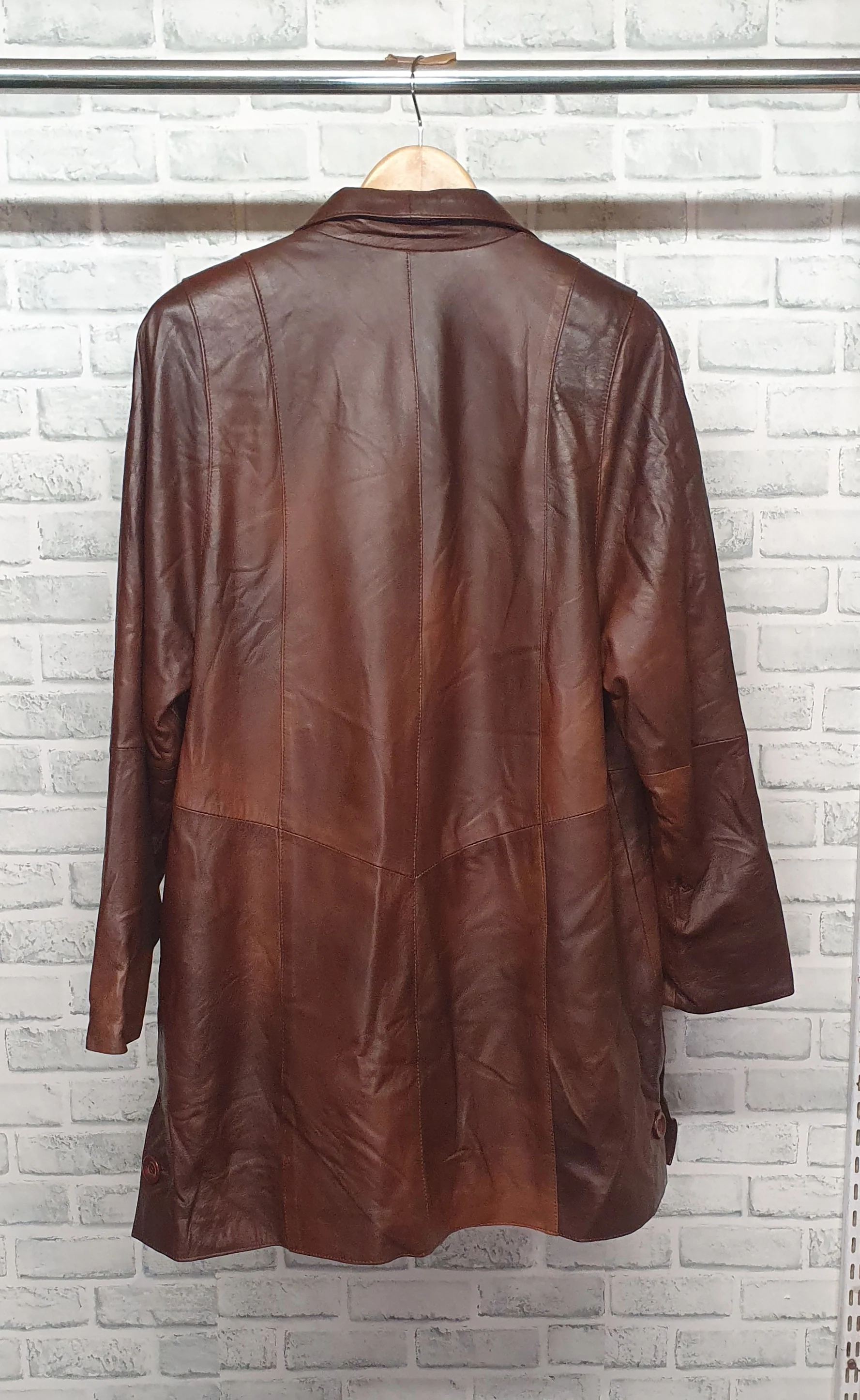 Tunc Brown Patchwork Leather Coat Size Medium - Image 2