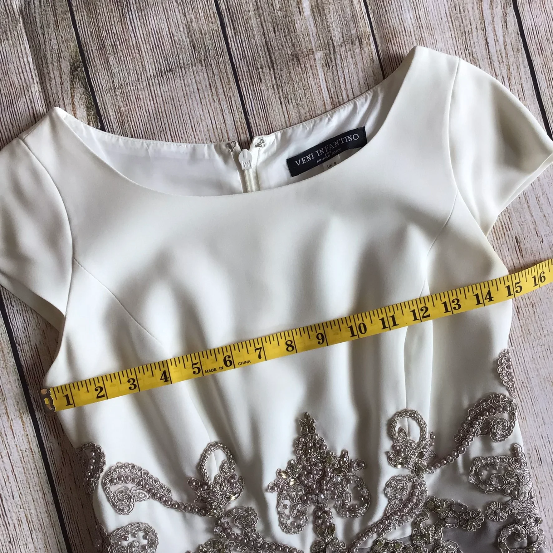 Veni Infantino for Ronald Joyce Grey & Cream Beaded Dress & Coat 2 Piece Size 8 UK - Image 12