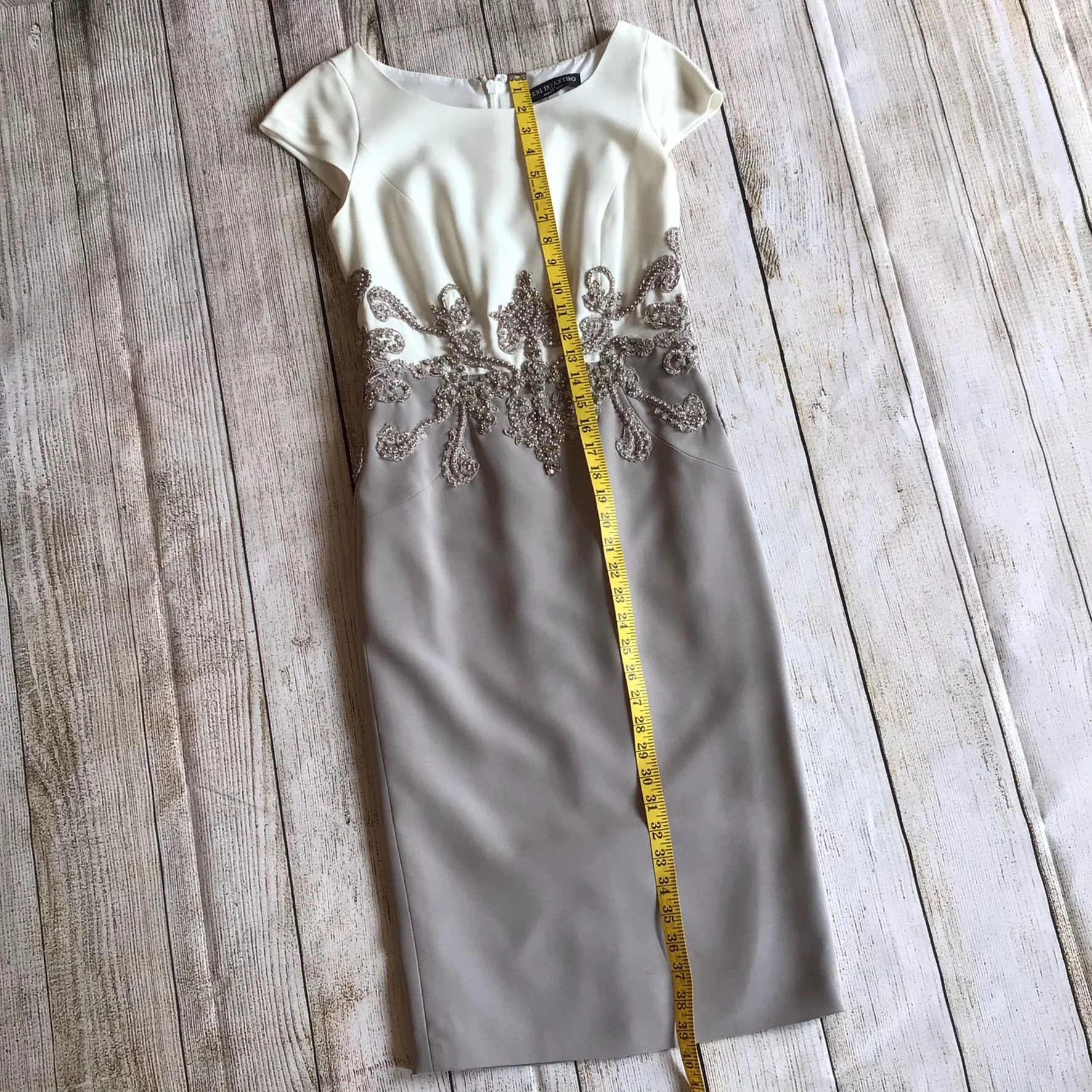 Veni Infantino for Ronald Joyce Grey & Cream Beaded Dress & Coat 2 Piece Size 8 UK - Image 13
