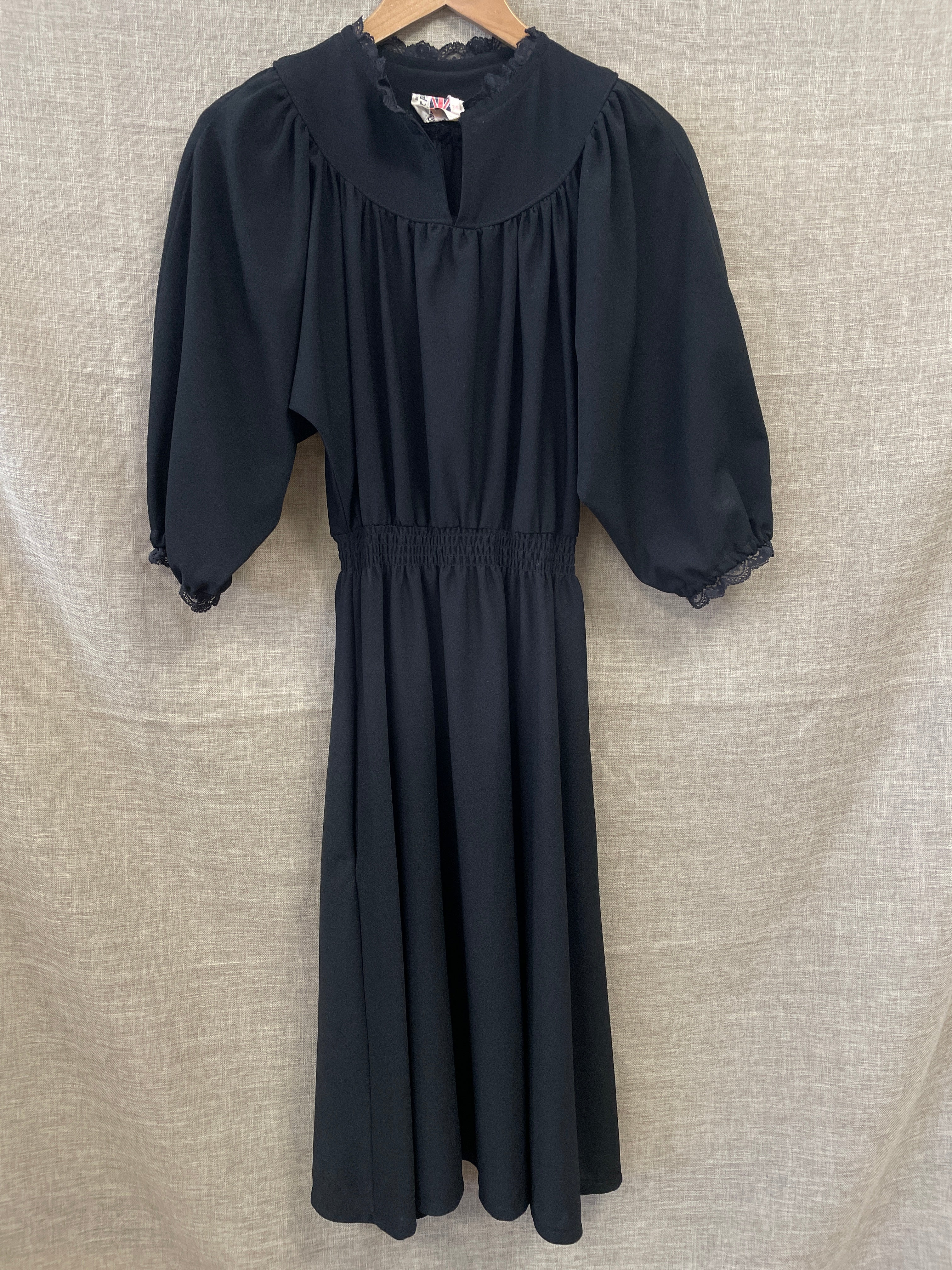 Vintage 1980s Black Crepe Batwing Lace Trim Dress Size 34 UK 6-8